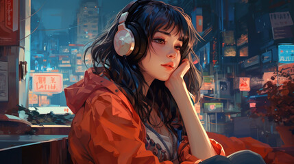 Beautiful girl listening to music in her headphones, Lofi hip hop music illustration