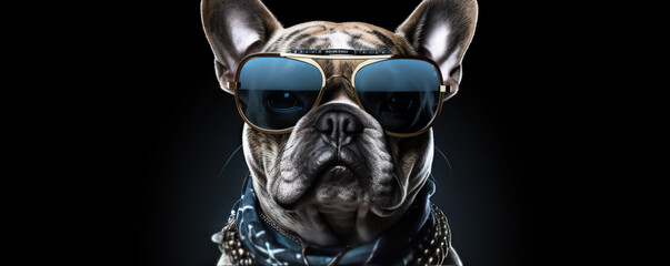 Cool dog head with sunnglases on black background, happy color wide photo.