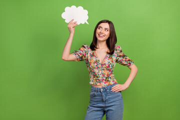 Photo of young smart girl wear stylish spring flower print blouse hold bubble cloud look her phrase...