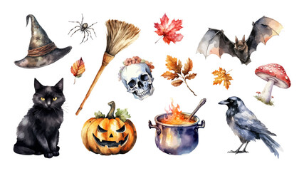 Watercolor halloween elements. Jack o lantern, pumpkin, skull, witch hat, witch cauldron, broom, spider, bats, leaves. Hand drawn illustration isolated on white background. AI generated