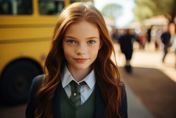 A red-haired freckled elementary school girl. The schoolgirl dressed in a formal school uniform with a backpack on his back. Warm day. Inauguration of the school year. Fictional person. Generated Ai