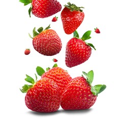 Falling juicy fresh ripe sweet strawberries with leaves