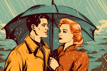 Beautiful young couple walking in the autumn rain, retro post-card in pop-art style colorful illustration. Generative AI