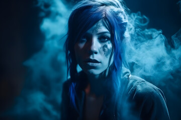 A beautiful young woman made from blue smoke, cinematic lighting. Generative AI