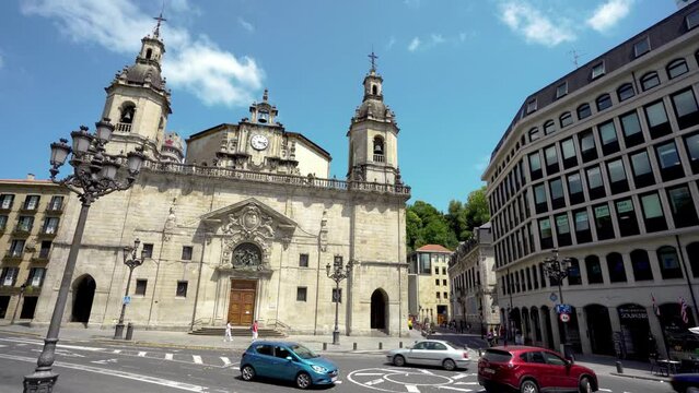  Church of San Nicolas , in the Old Town Center of Bilbao. Designed in modest Baroque style the building was constructed in 1743. Travel destination. Stabilized footage