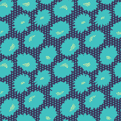 Vector stamp teal flowers dots dark repeat pattern