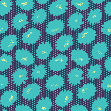 Vector stamp teal flowers dots dark repeat pattern