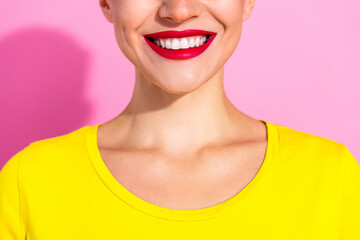 Close up cropped photo of cheerful beaming white teeth smile lady red lipstick isolated on pink color background