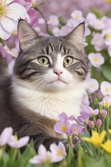 a protrait photograph of a beautiful cat surround by spring flower