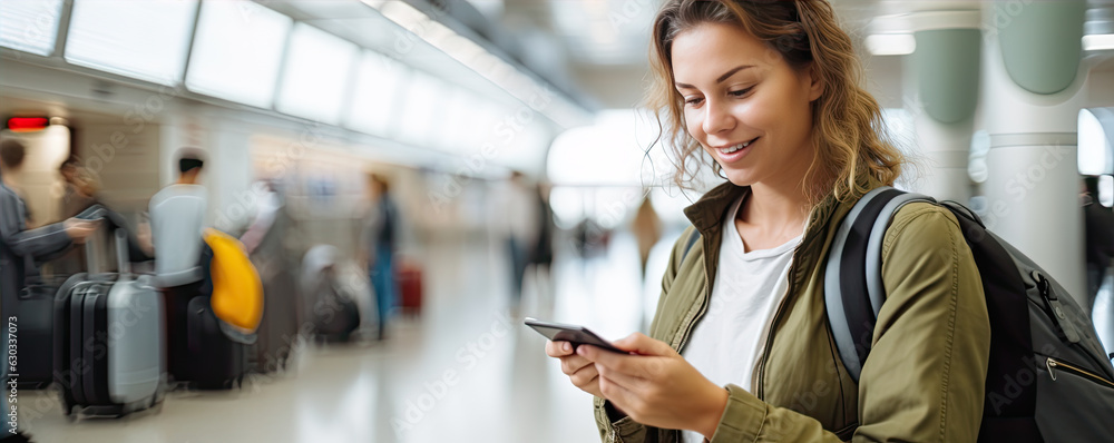 Wall mural woman using smartphone in public areas, wide banner, copy space for text