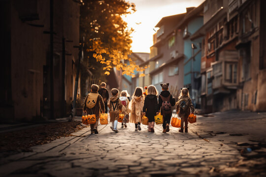 A back view of group of children wearing different halloween costumes and with pumpkin buckets walking on a street. Halloween.