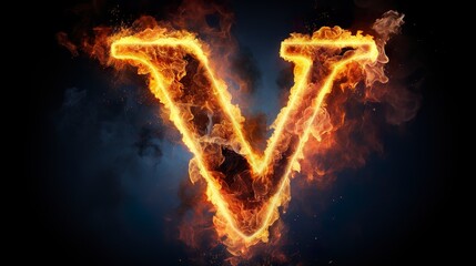 Fototapeta na wymiar 3D letter V in blazing fire on black background