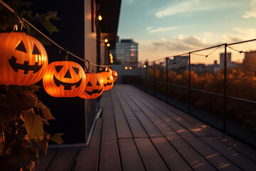 Urban balcony decorated with garland of pumpkin lights.  Halloween decorations. 