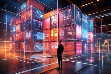 Smart warehouse with transporter robots and holographic dashboard. Digitalization Process Analyzes Goods.