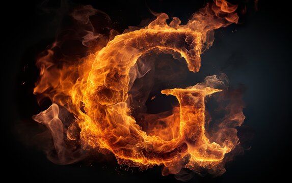 3D letter G in blazing fire on black background