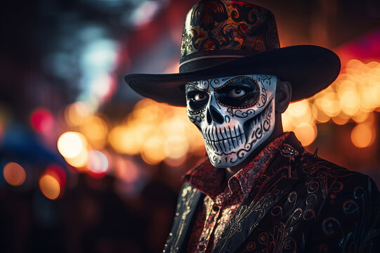 Portrait of a man with sugar skull mask wearing fancy hat  and clothing on dark blurred background. Dia de los muertos. Day of The Dead. Copy space.
