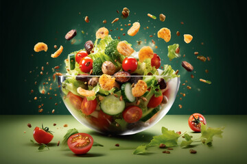 Obraz na płótnie Canvas Splash of vegetable salad with flying ingredients on black background. Mixed media. created with generative AI 