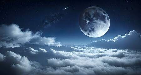 星空の夜の雲の上に浮かぶ月