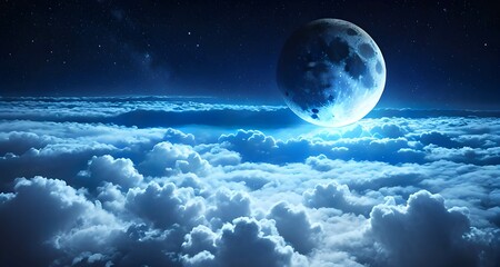 星空の夜の雲の上に浮かぶ月