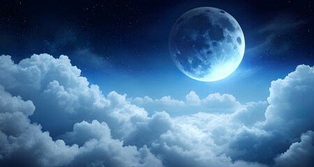 Naklejka na ściany i meble 星空の夜の雲の上に浮かぶ月