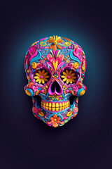 Colourful sugar skull on dark blue background. Dia de los muertos. Day of The Dead.