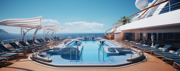 Luxury pool deck at modern cruise ship at summer vacation.
