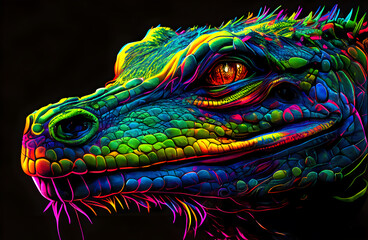 Obraz premium Crocodile alligator in abstract, graphic highlighters lines rainbow ultra-bright neon artistic portrait, commercial, editorial advertisement, surrealism. Isolated on dark background