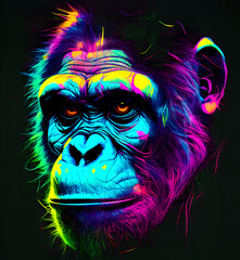 Ape in abstract, graphic highlighters lines rainbow ultra-bright neon artistic portrait, commercial, editorial advertisement, surrealism. Isolated on dark background