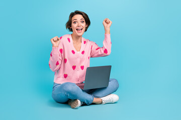 Full size body photo of young woman bob brown hair raised fists up using laptop hooray betting...