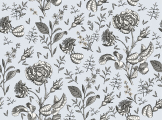 Seamless pattern Roses wildflowers. Beautiful fabric blooming realistic isolated flowers Vintage background Wallpaper baroque. Drawing engraving Vector victorian illustration