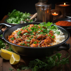 Fototapeta premium Spicy chicken curry with rice in plate 