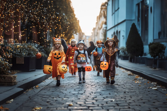 Group of children wearing different halloween costumes and with pumpkin buckets walking on a street. Halloween. 