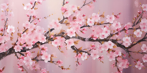 Watercolor Floral spring background of cherry blossom, Pink Cherry Blossoms Flowers, gemerative Ai