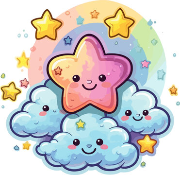 rainbow with stars and clouds