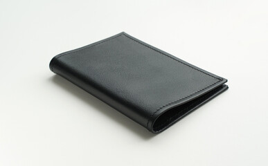 handmade leather black cover for documents from different sides isolated on white background