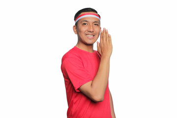 Portrait Asian uoung man wearing red t-shirt  celebrate independence day Indonesia.