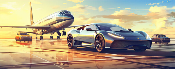Fototapeta na wymiar Super car and super jet in evenening sunlight. cartoon style picture