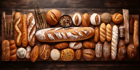 Peel and stick wall murals Bakery Delicious freshly baked bread assortment on dark rustic background, Various of breads on the wooden table background. Food and bakery concept. Full of breads theme. Generative AI 