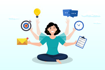 Productive woman with multiple hands handle multitasking job, multitasking or manage project, task or work efficiency, productivity or time management, workload balance or work responsibility (Vector)