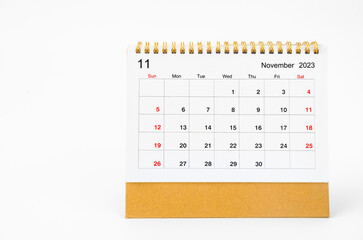 The November 2023 Monthly desk calendar for 2023 year isolated on white background.