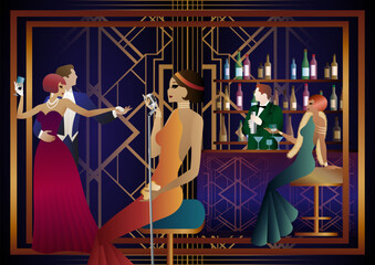 night club with singer on stage and people dance and drink alcohol. Vector illustration