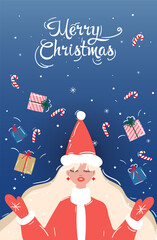 Christmas and Happy New Year template Holiday template with Snow Maiden gives gift