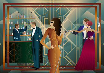 night club with singer on stage and people dance and drink alcohol. Vector illustration