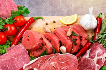 Different types of fresh red raw meat