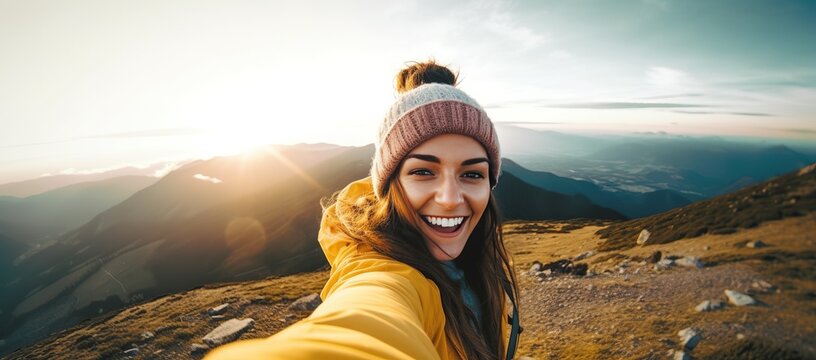 young female hiker capturing a selfie portrait on the mountain peak