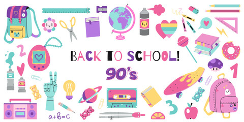 Cute school stationery set with 90s retro vibes, cartoon style. Student equipment, bright pastel color. Back to school. Trendy vector illustration isolated on white, hand drawn, flat design