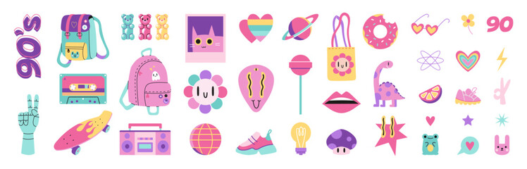 90s retro elements big set, cartoon illustration. Vintage nineties vibes aesthetic in modern style, bright pastel color. Trendy modern vector art isolated on white background, hand drawn, flat design