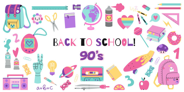 Naklejka Cute school stationery set with 90s retro vibes, cartoon style. Student equipment, bright pastel color. Back to school. Trendy vector illustration isolated on white, hand drawn, flat design