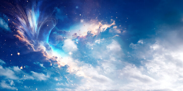 mystic mystical cosmic spiritual fantasy abstract, background with sky, clouds, planet, galaxy stardust and light, Universe background with AI elements 