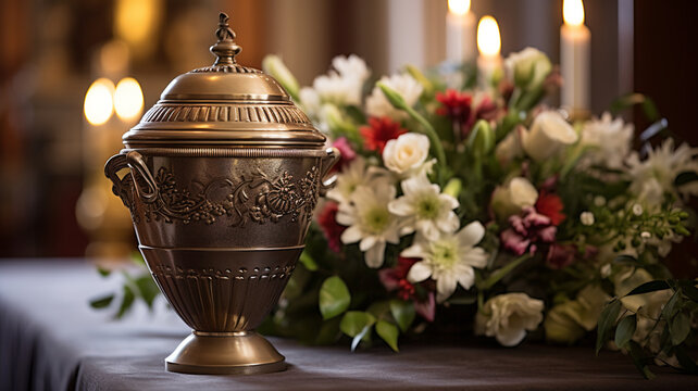 Funeral white wooden handmade ashes vase coffin church cathedral service floral decoration white flowers bouquets.